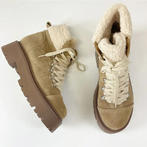 NEW Steve Madden Reyen Boots Womens 9M Oatmeal Beige Leather Faux Fur